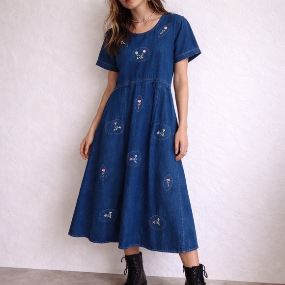 Vintage Dresses & Skirts - Vintage Blue Embroidered Denim Midi Dress Folk Cottage Medium